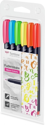 Markere caligrafice Fudenosuke Hard, 6 culori/set, Tombow